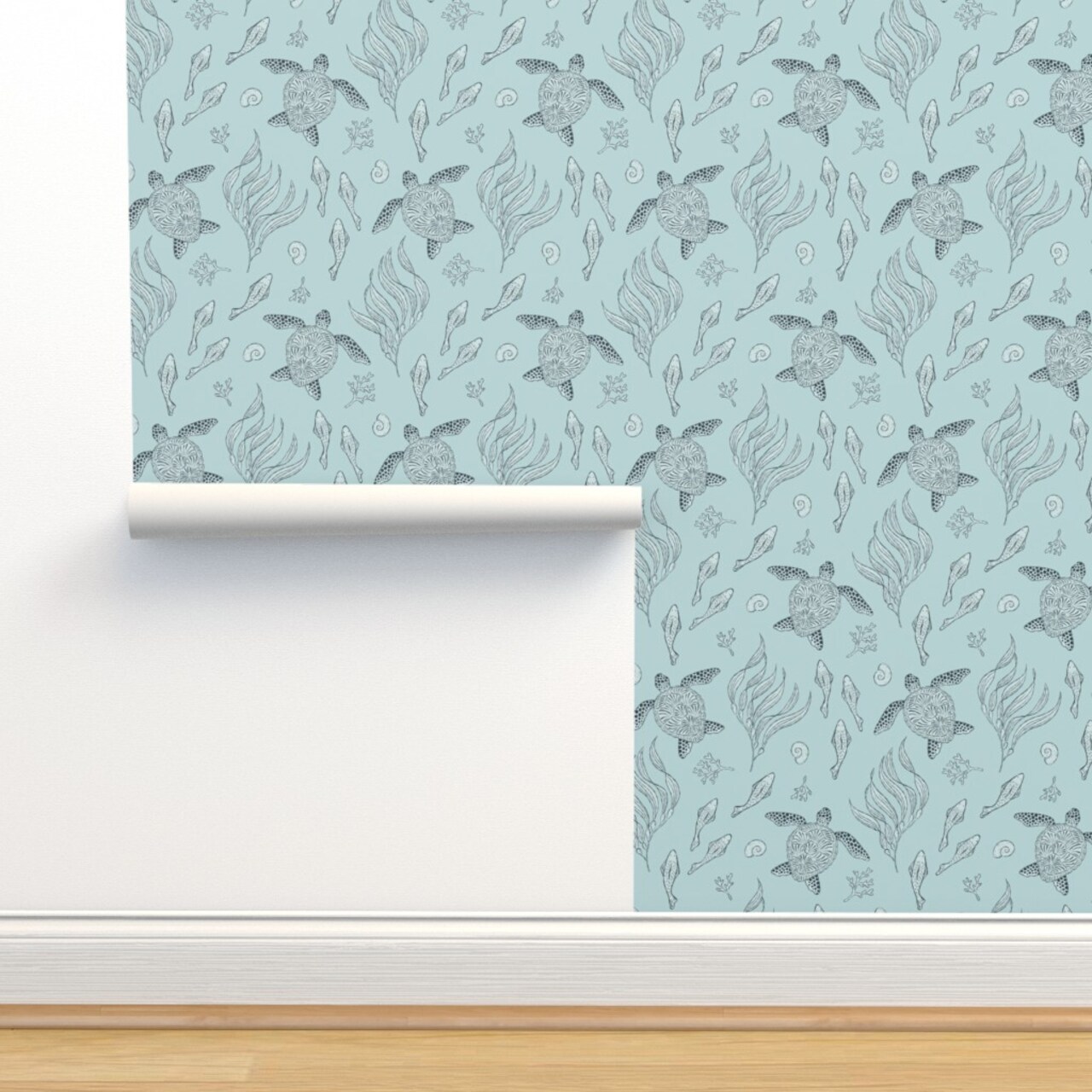 Blue Aqua Hand Drawn Ocean Sea Turtles Seaside Beach Coastal Fish Large Scale House Chic Custom Pre-pasted Wallpaper by Spoonflower Pre-Pasted Wallpaper 2FT Wide